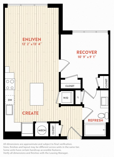 Floor plan for 1 bed, 1 bath, 655 sqft